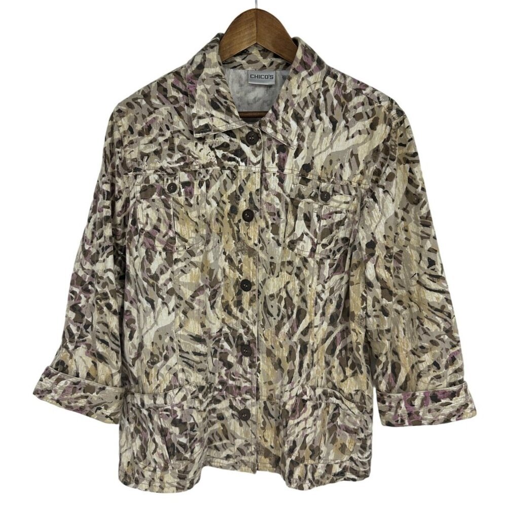 Chico's Trucker Style Animal Print Abstract Jacket Size 3 US XL